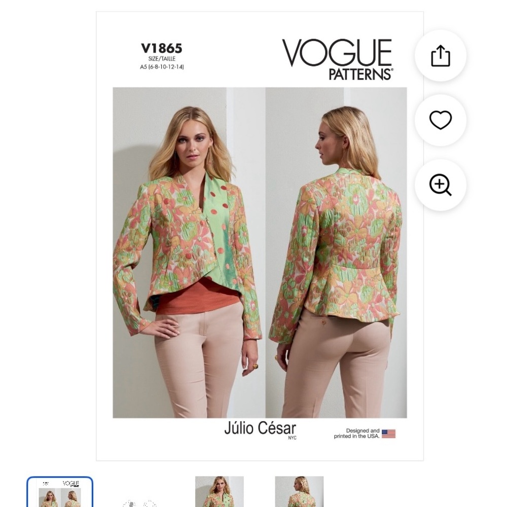 Vogue V1865 Size A5 Misses Julio Ceasar Lined Peplum Jacket Blazer Sewing Patter